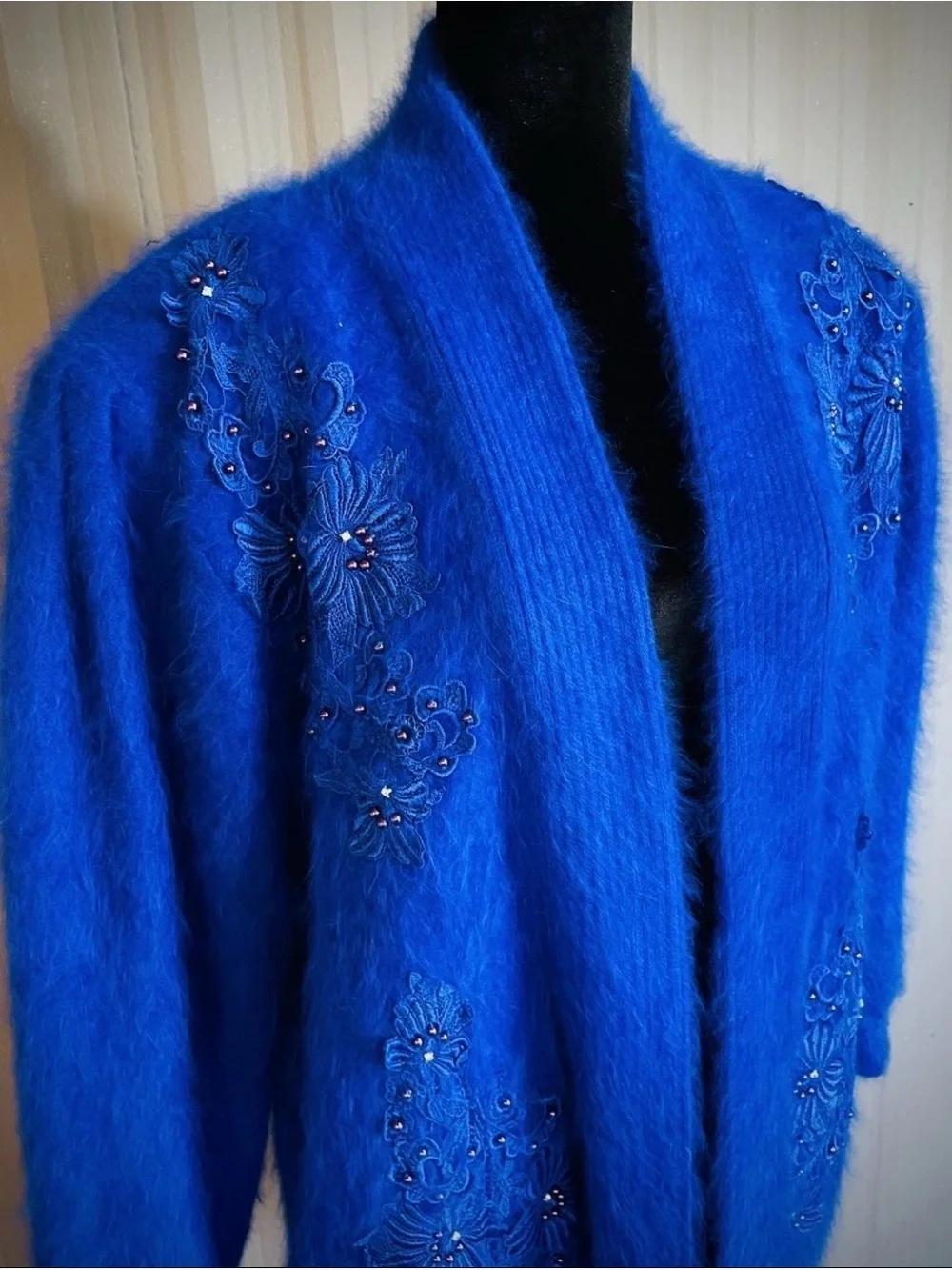 VTG 80% Angora Royal Blue Cardigan Sweater Jacket Beaded 80s Korea Puff Slv XL
